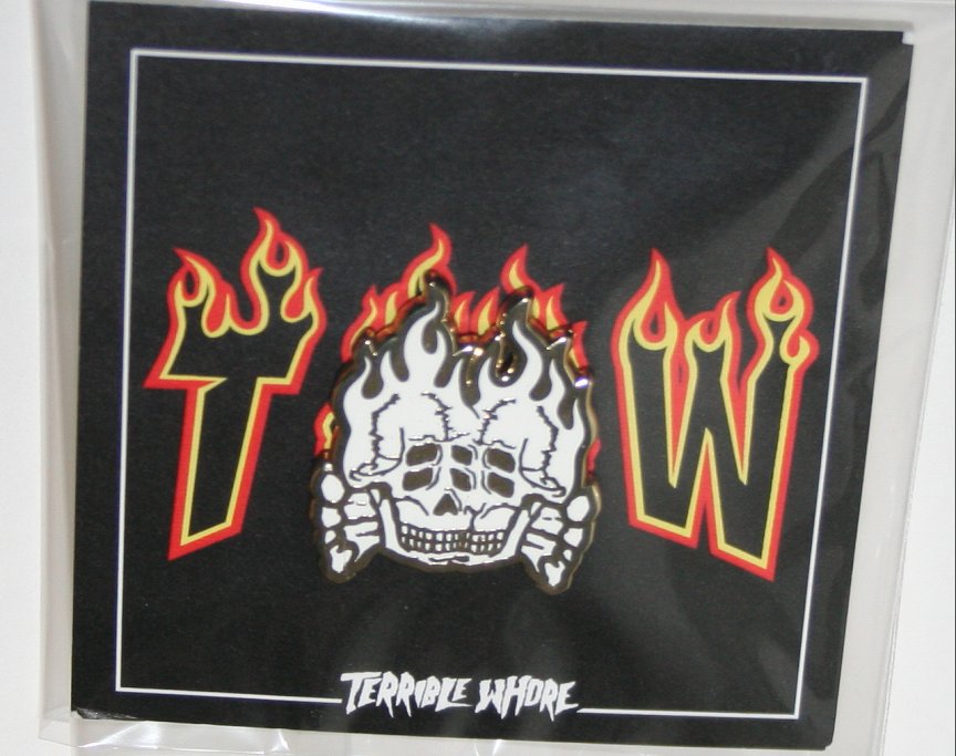 Terrible Whore White Flaming Skull Pin