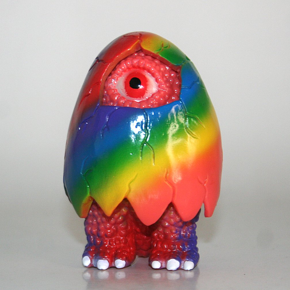 Wonder Goblin GAMJAM custom Eggon in pink vinyl with rainbow paint, numbered one of one
