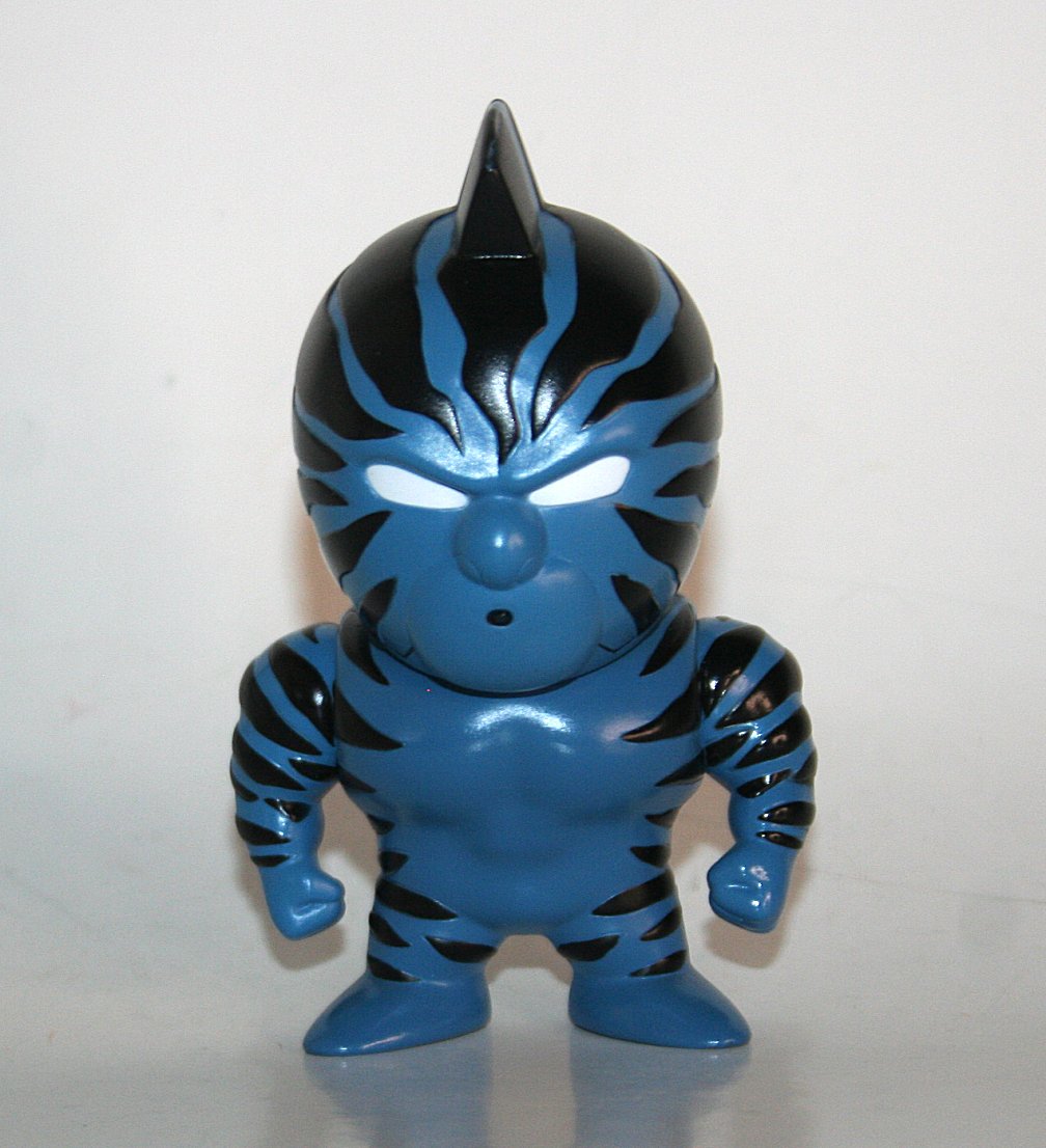 Spice Seed Kinnikuman Blue Muscle Shot Zebra sofubi in blue vinyl with black and white paint